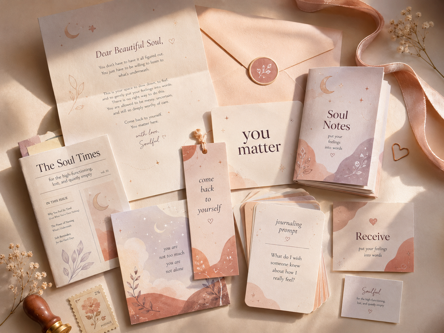 Soul Notes letters, zines, cards, and journaling prompts arranged in warm light