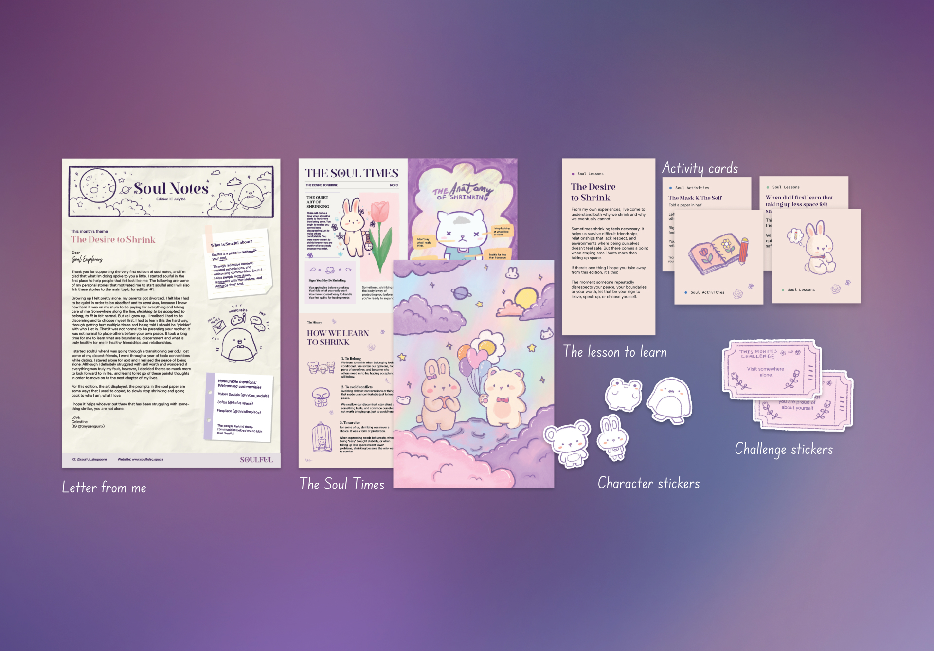 Soul Notes Edition 01 flatlay with letter, zine, activity cards, lesson cards, and stickers